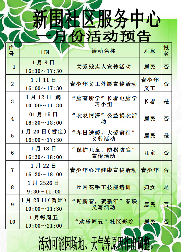 新围社区服务中心2016年1月份活动预告