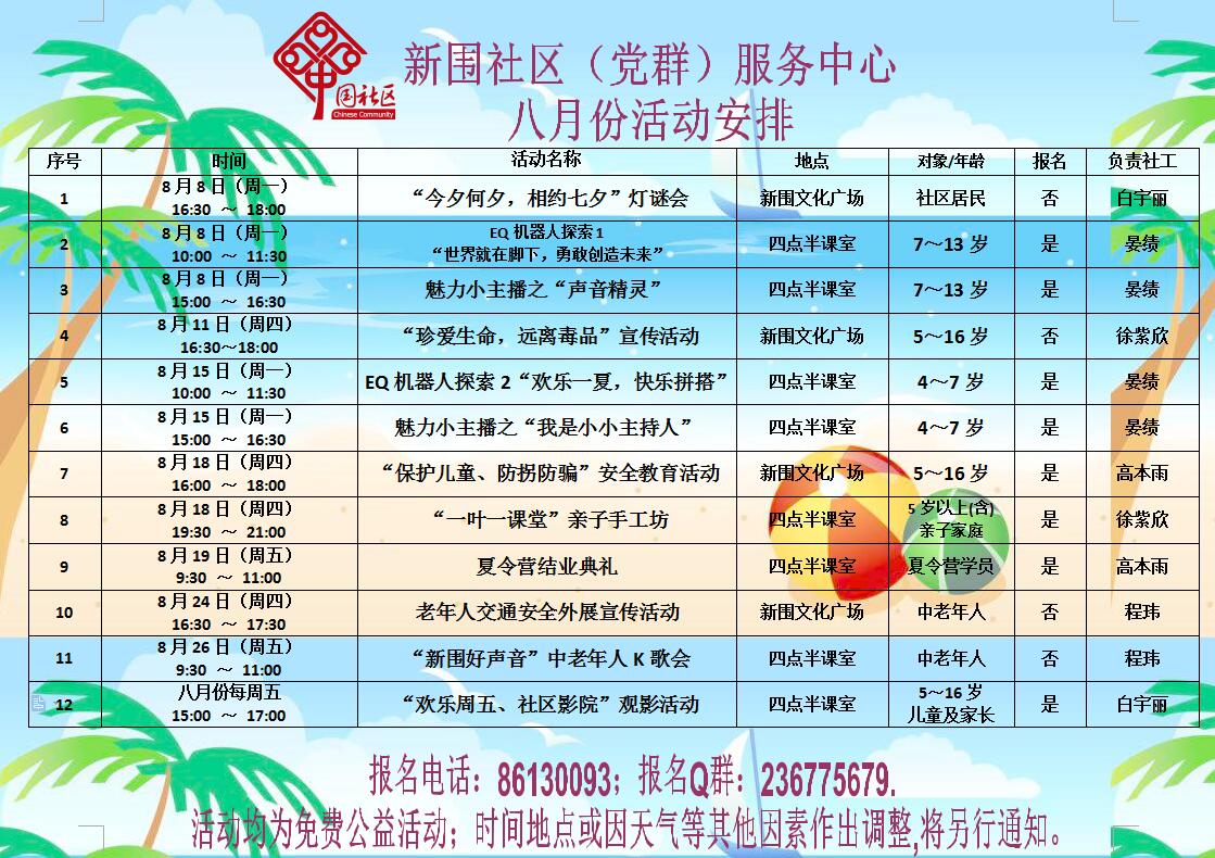 新围社区党群服务中心2016年8月份活动安排
